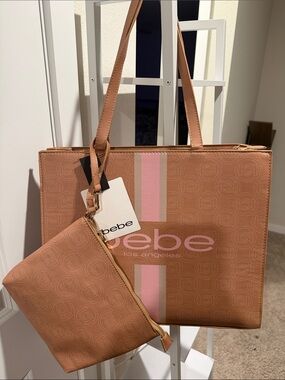 bebe Tan Tote with Pink Stripe and Logo
